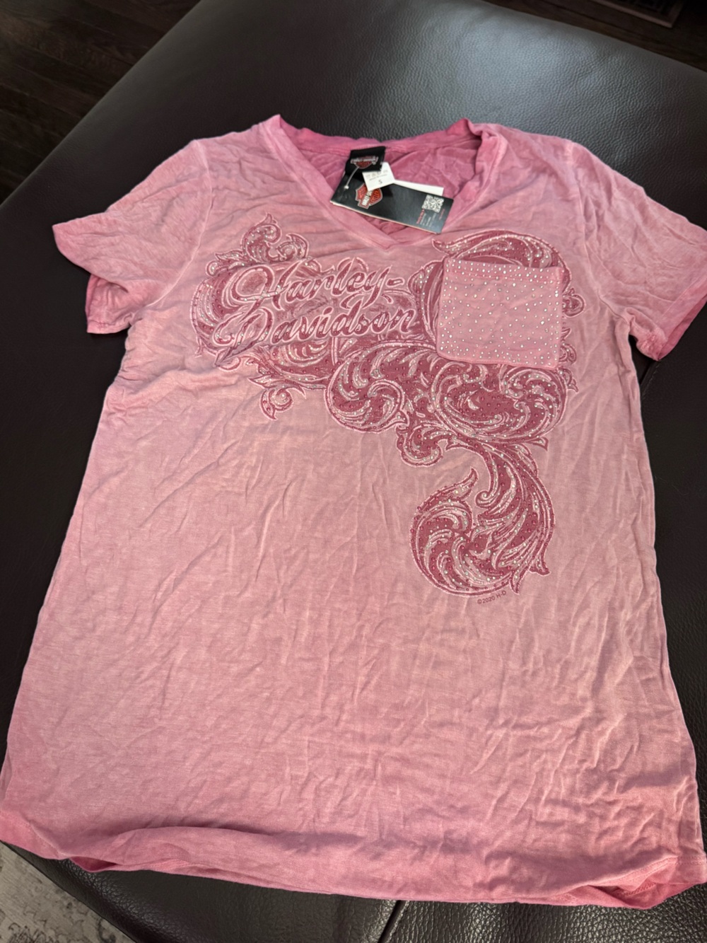Harley-Davidson Pink Rhinestone Embellished V-Neck Tee